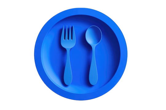 Blue circular plate with a fork and spoon (1) - Powered by Adobe