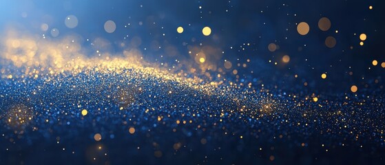Dark blue and gold particle. Christmas Golden light shine particles bokeh on navy blue background