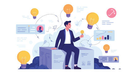 Fototapeta premium An entrepreneur immersed in brainstorming surrounded by bright ideas and business analytics clean