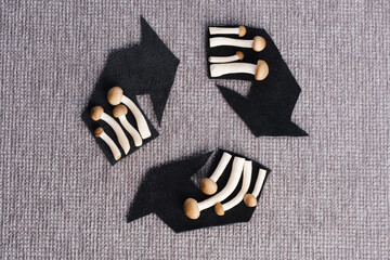 Creative recycling symbol with fresh mushrooms on a green textile background. Environmentally friendly alternative to synthetic fibers in the textile industry. Future of ethical fashion