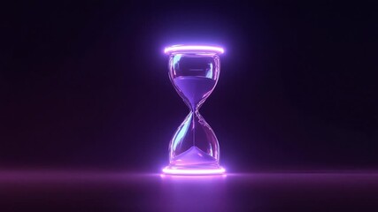 Futuristic hourglass with glowing purple neon rings and flowing sand particles against a dark background, symbolizing countdown, urgency, time management and passing moments - Powered by Adobe