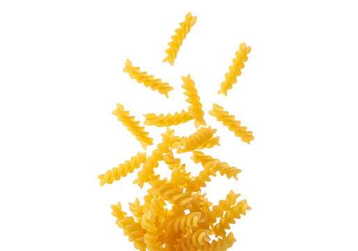 Golden Fusilli Pasta Spirals Falling Dynamically on White Background