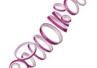 Obraz premium Dynamic Red Onion Slices Floating and Falling Isolated on White Background