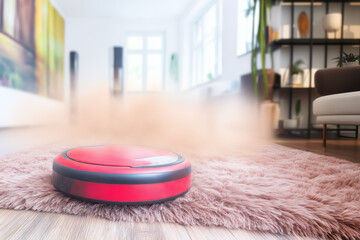 Smart home appliance cleaning a modern living room.