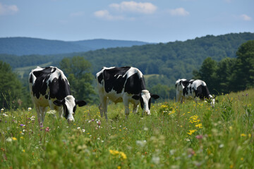 Black and white cows grazing in a lush green pasture on a sunny day.