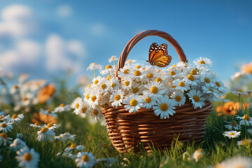 Spring meadow with a wicker basket overflowing with flowers and a monarch butterfly.