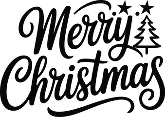 Merry Christmas Typography Vector Text with Tree and Stars. Christmas Lettering Illustration.