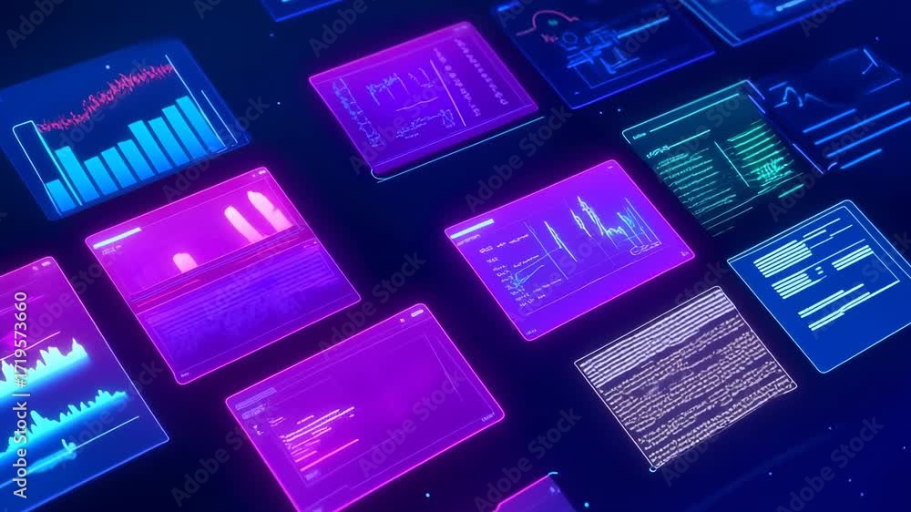 Poster immersive holographic display showcasing complex data analytics with layered transparent screens, pr