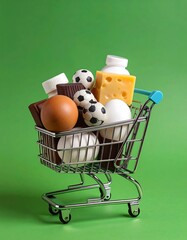 Miniature shopping cart overflowing with assorted dairy and chocolate products