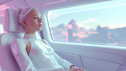 A serene portrait of a woman with white hair, gazing thoughtfully out the window of a sleek, futuristic vehicle. The interior's minimalist design and the subtle pink glow of the lighting create a calm