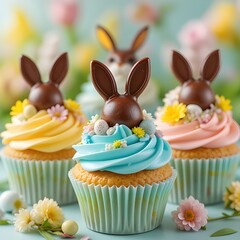 Cupcakes with pastel-colored frosting, topped with mini chocolate eggs