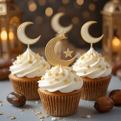 Cupcakes with elegant white and gold frosting, decorated with crescent moon and star toppers