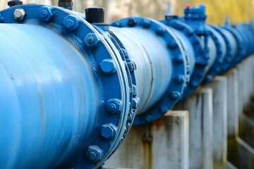 Large blue water pipeline with bolts and fittings, part of water supply system, outdoors with blurred background, showing industrial infrastructure, possibly for water distribution or treatment