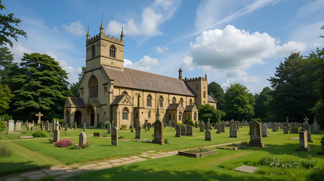 An ancient church and graveyard in the scenic Cotswolds area of England on a summers day (Painswick)