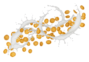 Dynamic Milk Splash with Flying Golden Cereal Flakes, Isolated on White for Breakfast and Food Concepts