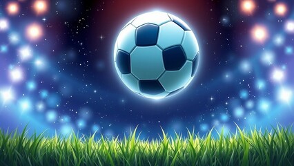Fototapeta premium glowing football floating above grass with sparkling lights and dreamy magical background.