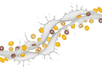 Dynamic Milk Splash with Colorful Cereal Rings and Loops
