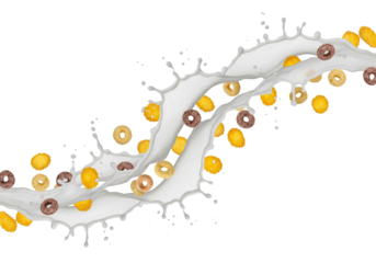 Dynamic Milk Splash with Colorful Cereal Rings and Loops