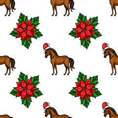 Seamless vector Christmas pattern featuring brown horses wearing Santa hats and vibrant poinsettia flowers, creating a festive and cheerful holiday design.