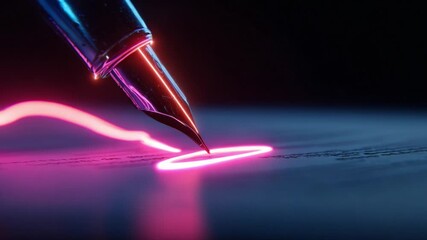 Close up of a fountain pen nib creating a signature with vibrant, glowing pink neon light on a document, symbolizing a futuristic or significant digital agreement in a dark, moody setting - Powered by Adobe