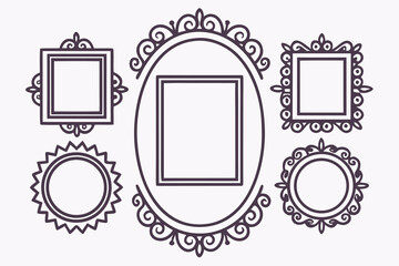 Six decorative vintage frame silhouettes in dark purple on a light background decorative frame ornate frame