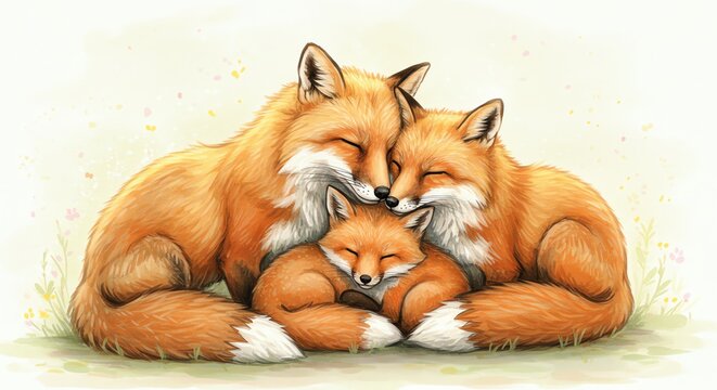 Fox family sleeping together in a grassy field