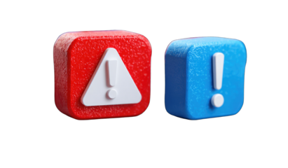 Two 3D square icons, red and blue, with exclamation mark alerts