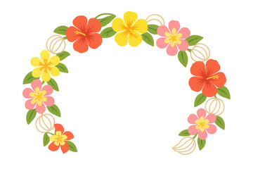 Tropical hibiscus flowers and green leaves forming a lei wreath frame, ideal for summer, vacation, and hawaiian themes