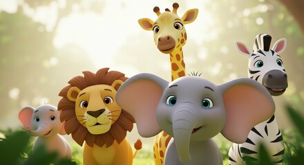 Naklejka premium Lion giraffe zebra elephant cartoon animal friends