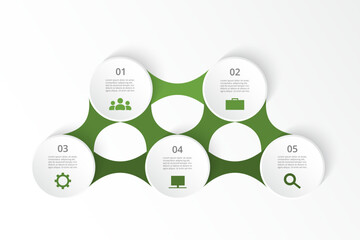 Green infographic template with 5 steps, options, parts or processes. Presentation of teamwork or business processes.