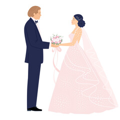 solemn groom in a dark suit gives the bride a bouquet of flowers on her wedding day. concept of the beginning of family life. flat pattern, delicate colors. stock vector illustration. EPS 10.