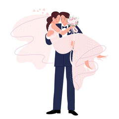 groom holds the bride in his arms at the solemn moment of the wedding. a beautiful couple of newlyweds with a bouquet of flowers. flat drawing, delicate colors. stock vector illustration. EPS 10.