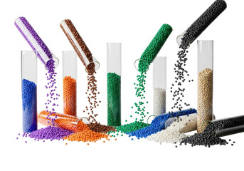Seven clear glass test tubes, some tilted, spilling vibrant multi-colored plastic polymer pellets onto a transparent studio background, high-end macro shot, concept of material science and polymer