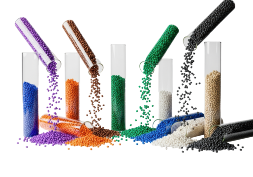 Seven clear glass test tubes, some tilted, spilling vibrant multi-colored plastic polymer pellets onto a transparent studio background, high-end macro shot, concept of material science and polymer - Powered by Adobe