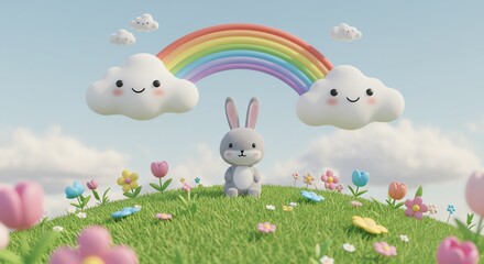 Rabbit on grassy hill with rainbow and clouds