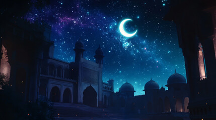 Majestic mosque under a starry night sky with a crescent moon, evoking a sense of peace and wonder, perfect for ramadan or islamic themed backgrounds