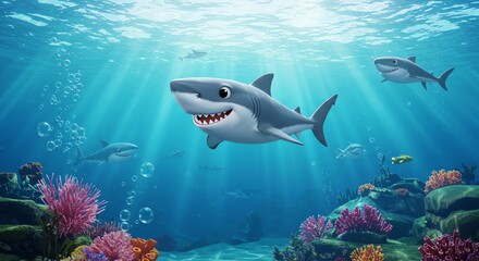 Fototapeta premium Sharks swimming in ocean with coral reef