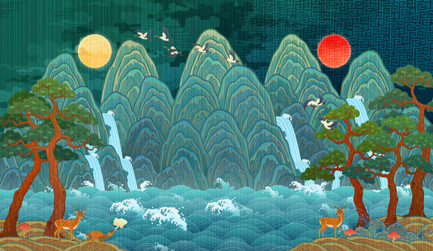 Traditional Korean folk painting, The Sun, the Moon, and the Five Mountains, a large-scale interior decoration illustration. Ilwol Obongdo. 한국 전통 민화, 일월오봉도 일러스트