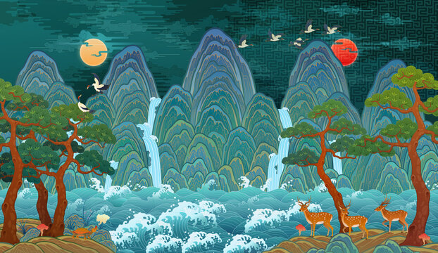 Traditional Korean folk painting, The Sun, the Moon, and the Five Mountains, a large-scale interior decoration illustration. Ilwol Obongdo. 한국 전통 민화, 일월오봉도 일러스트
