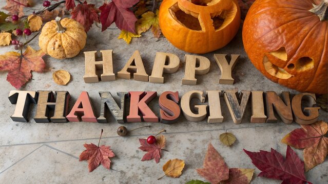 Happy thanksgiving message with pumpkins and leaves - Powered by Adobe