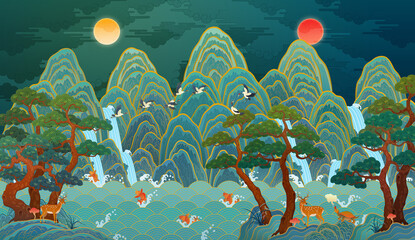 Traditional Korean folk painting, The Sun, the Moon, and the Five Mountains, a large-scale interior decoration illustration. Ilwol Obongdo. 한국 전통 민화, 일월오봉도 일러스트