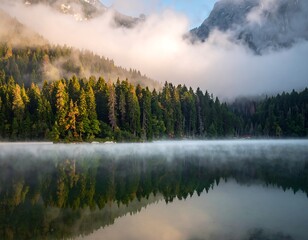 Fototapeta premium Misty lake at dawn with mountains