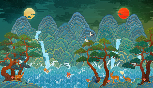Traditional Korean folk painting, The Sun, the Moon, and the Five Mountains, a large-scale interior decoration illustration. Ilwol Obongdo. 한국 전통 민화, 일월오봉도 일러스트