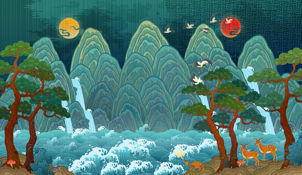 Traditional Korean folk painting, The Sun, the Moon, and the Five Mountains, a large-scale interior decoration illustration. Ilwol Obongdo. 한국 전통 민화, 일월오봉도 일러스트