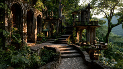 Fototapeta premium Exploring the ancient ruins of xilitla surreal garden in mexico jungle travel destination for tourists