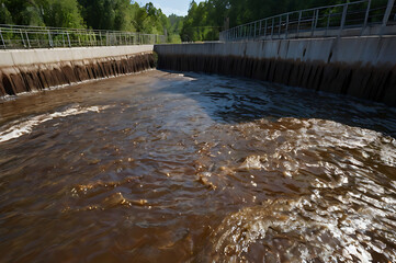 Dark muddy water entering treatment plant from concrete spillway