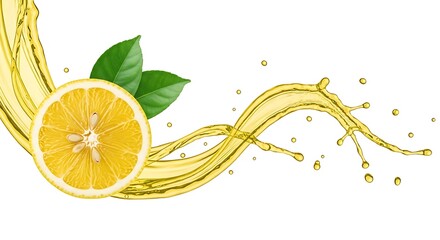 Vibrant Lemon Slice with Lush Green Leaves and Refreshing Juice Splash on a Clean White Background Displaying Freshness and Natural Goodness
