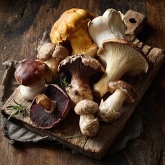 Assorted mushrooms on wooden board