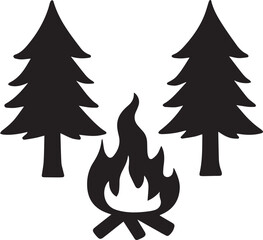 Campfire flames between pine trees silhouette vector, black and white silhouette vector illustration