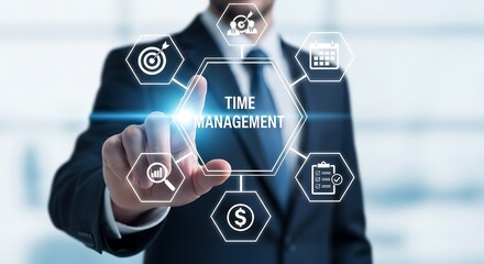Businessman touching time management button on virtual screen, demonstrating effective strategies for prioritizing tasks, setting goals, and improving productivity in professional life